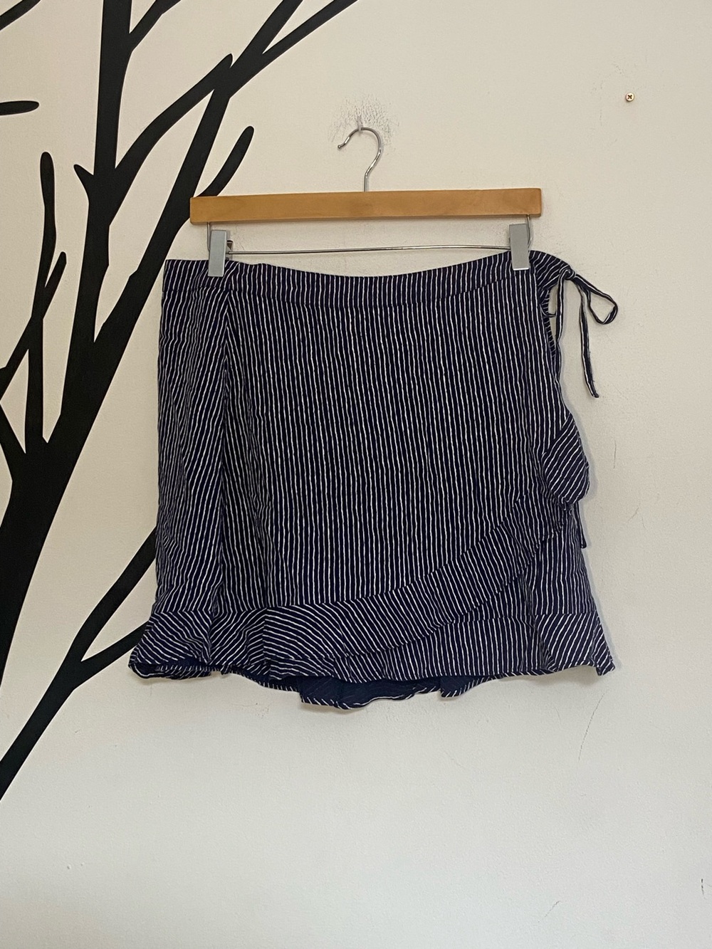 AEO navy striped ruffle wrap mini skirt
